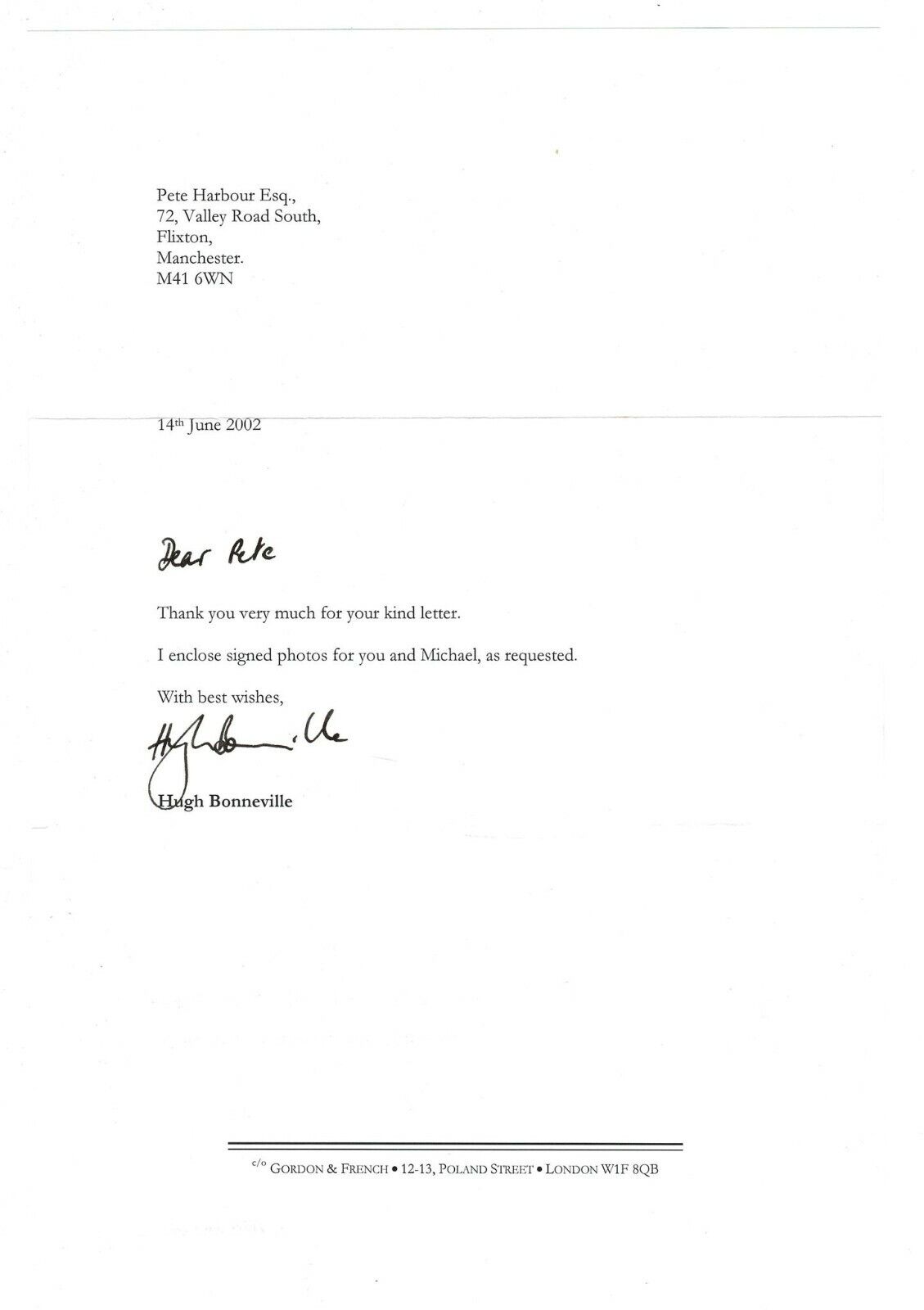 Hugh Bonneville signed autographed letter! AMCo! 14791