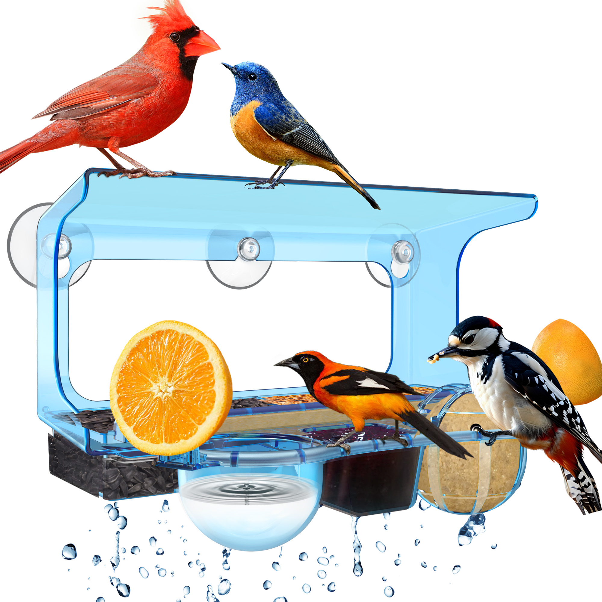 LUJII 6-in-1 Window Bird Feeder with Strongest Suction Cups, All-in-one Feeder for Bird Seed, Suet Ball, Mealworm, Oriole Orange Fruit, Jam or Water, 2 Removable Trays for Easy Cleaning, Blue