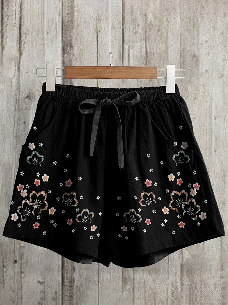 Comstylish Women's Japanese Cherry Blossoms Loose Casual Short Pants