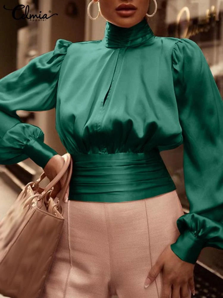 Celmia Pleated Waisted Long Puff Sleeve Tops Street Elegant Satin Fashion Short Tunic High Collar Hollow Out Chest Women Blouses