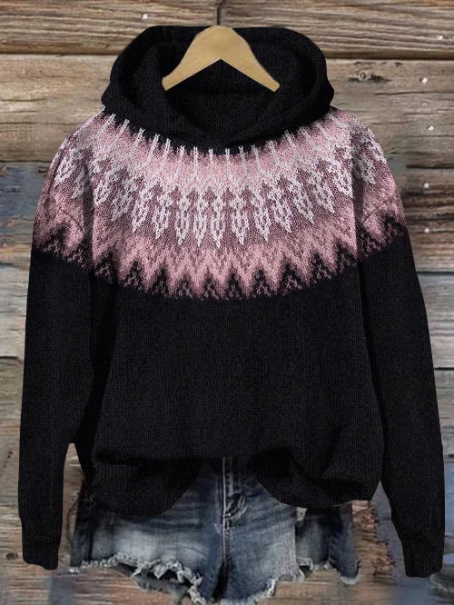 Vintage Tribal Icelandic Pattern Cozy Hooded Sweater