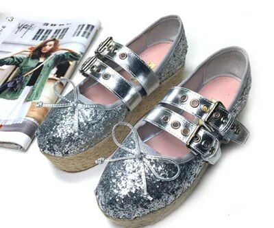 VCSHOES Silver Bling Double Strap Buckle Ankle Riband Bandage Ballet Flats Shoes Woman Rope Braided Platform Sole Sequins Fishman Shoes