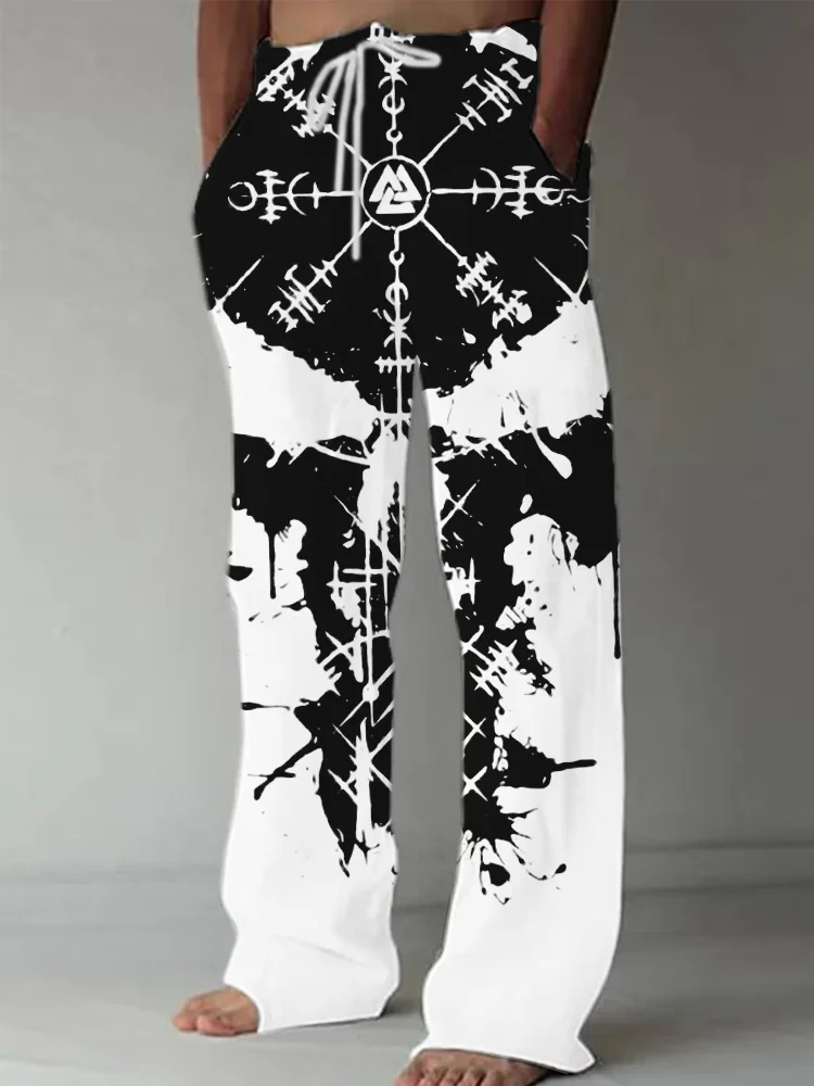 Wearshes Men's Viking Vegvisir & Skull Contrast Color Casual Pants