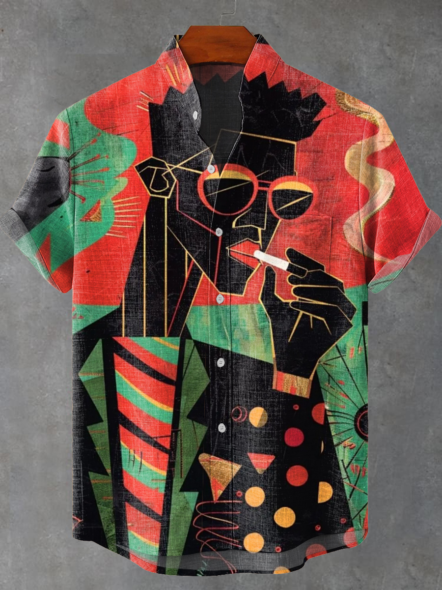 Vintage Abstract African Smoking Black Man Portrait Painting Art Print Casual 100% Cotton Shirt