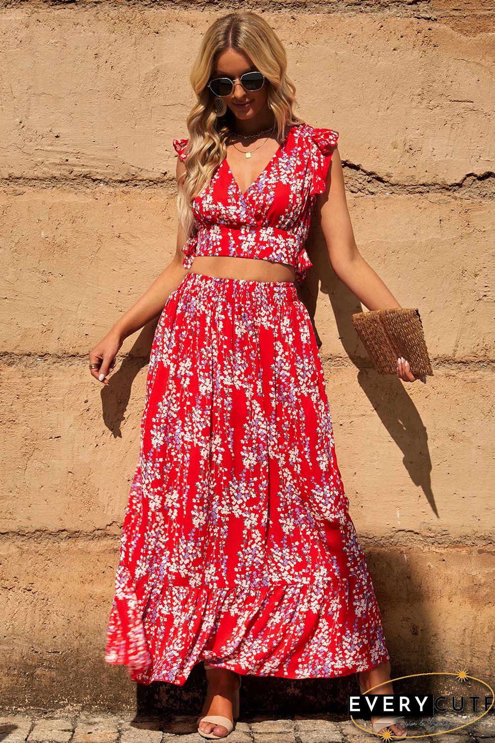 Red Multicolor Floral Ruffled Crop Top and Maxi Skirt Set