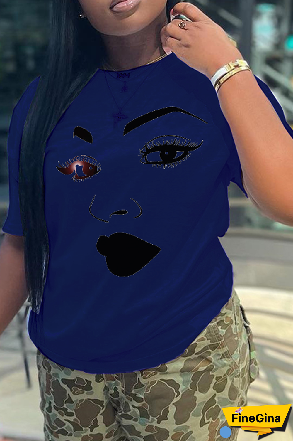 Navy Blue Casual Street Print Patchwork O Neck T-Shirts