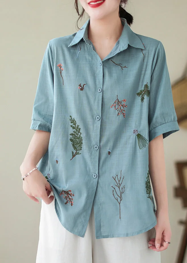Lake Blue Cotton Shirt Peter Pan Collar Embroideried Summer