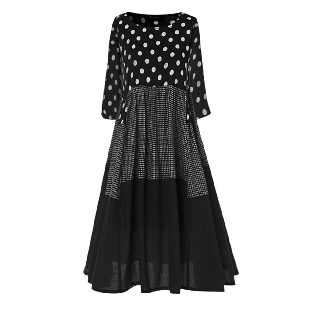 Women Vintage Autumn Dress Boho Wave Point Print Dress Long Sleeves O-Neck Party Maxi Dresses Loose Women Dresses ropa mujer