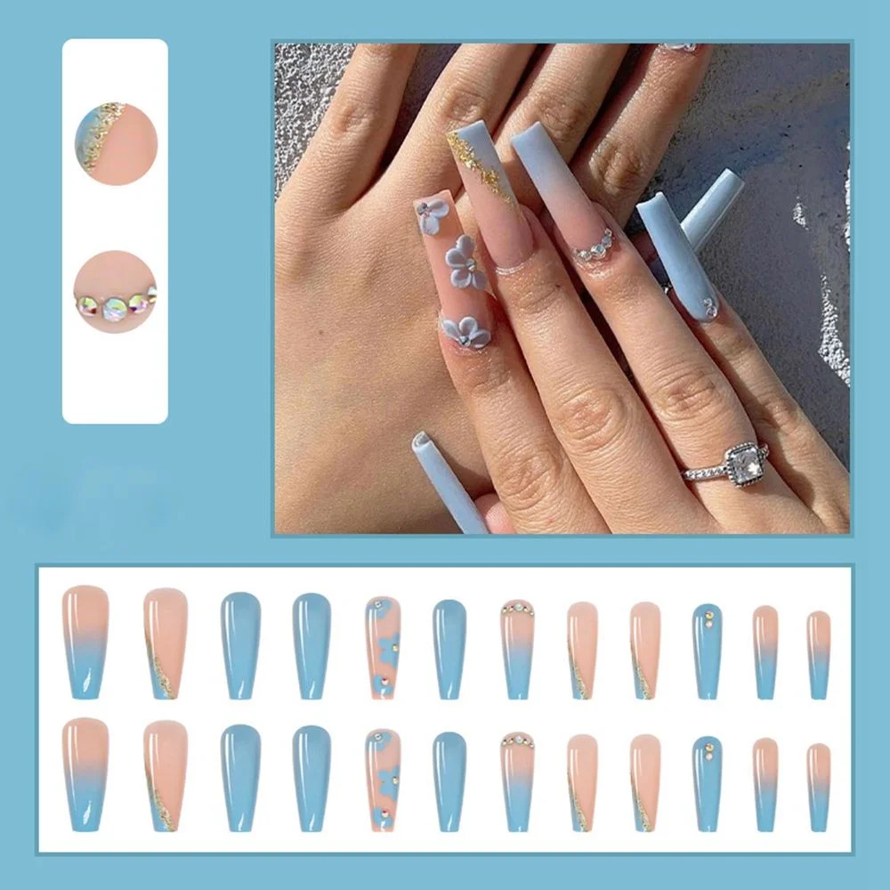 24pcs French False Nails Detachable Gradient Blue Flower Wedding Bride Ballerina Nail Art Tips with Glue Long Coffin Fake Nails
