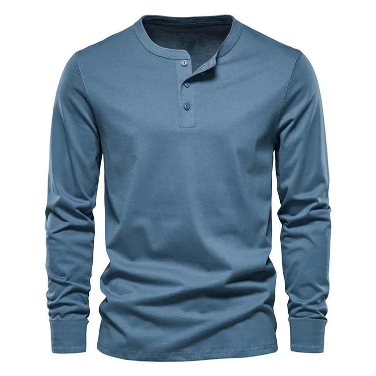 Men's Solid Henley Collar Long Sleeve Sports Casual T-shirt 94434321Z