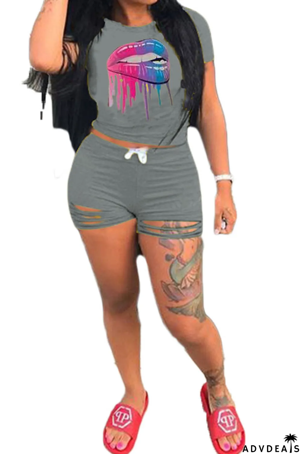 Grey venetian Fashion Active Casual Patchwork Lips Print pencil Short Sleeve Two Pieces