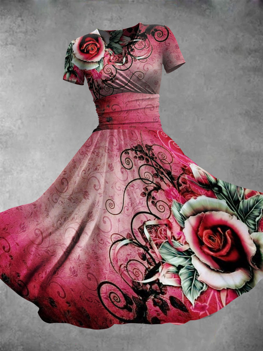 Women's Vintage Flower Art Print Casual Maxi Dress