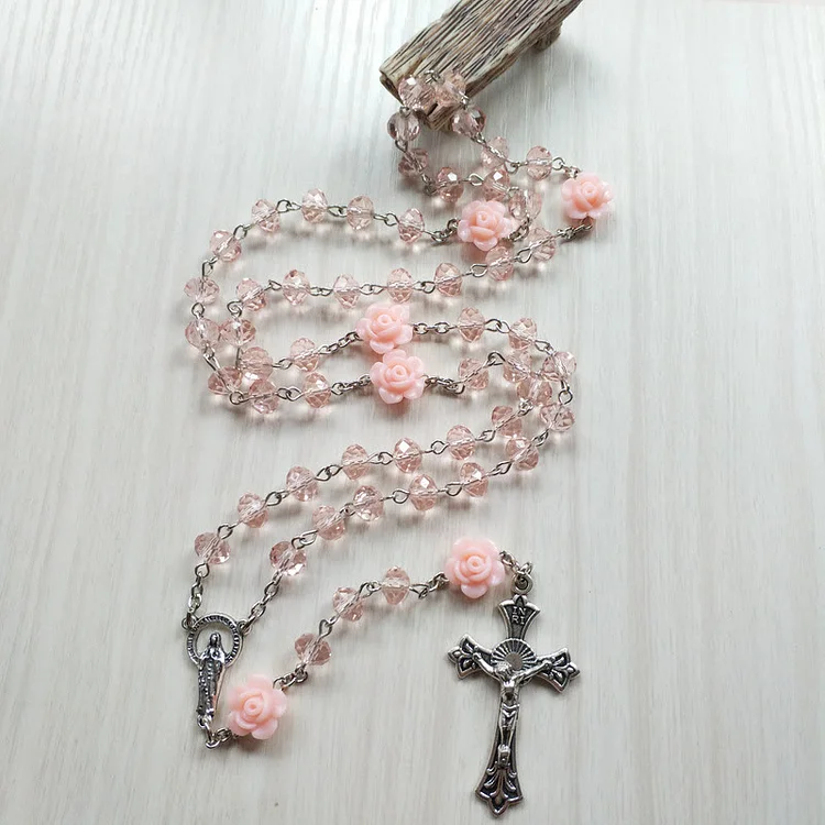 Olivenorma Rose Quartz Jesus Cross Pendant Rosary Necklace