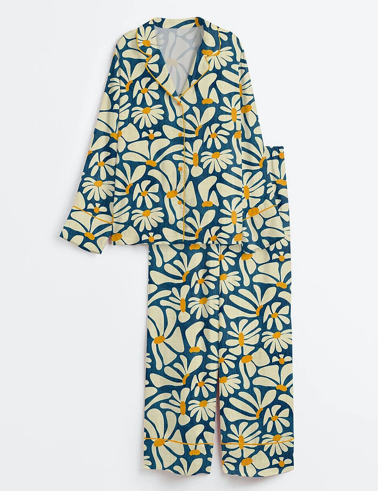 Women&rsquo;s Retro Daisy Flower Power Blue Floral Vintage Groovy Print Long Sleeve Satin Pajama Set