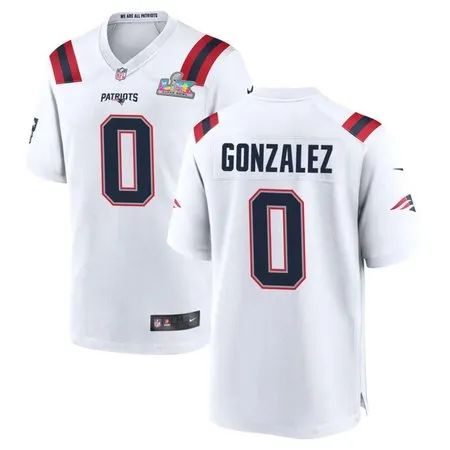 Youth New England Patriots #0 Christian Gonzalez White Super Bowl LX Patch Game Jersey