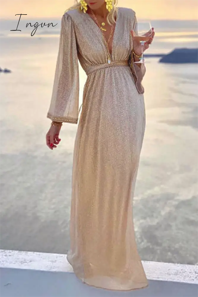 Ingvn - Fashion Elegant Solid Patchwork Fold V Neck Evening Dress Dresses(4 Colors) Apricot / S