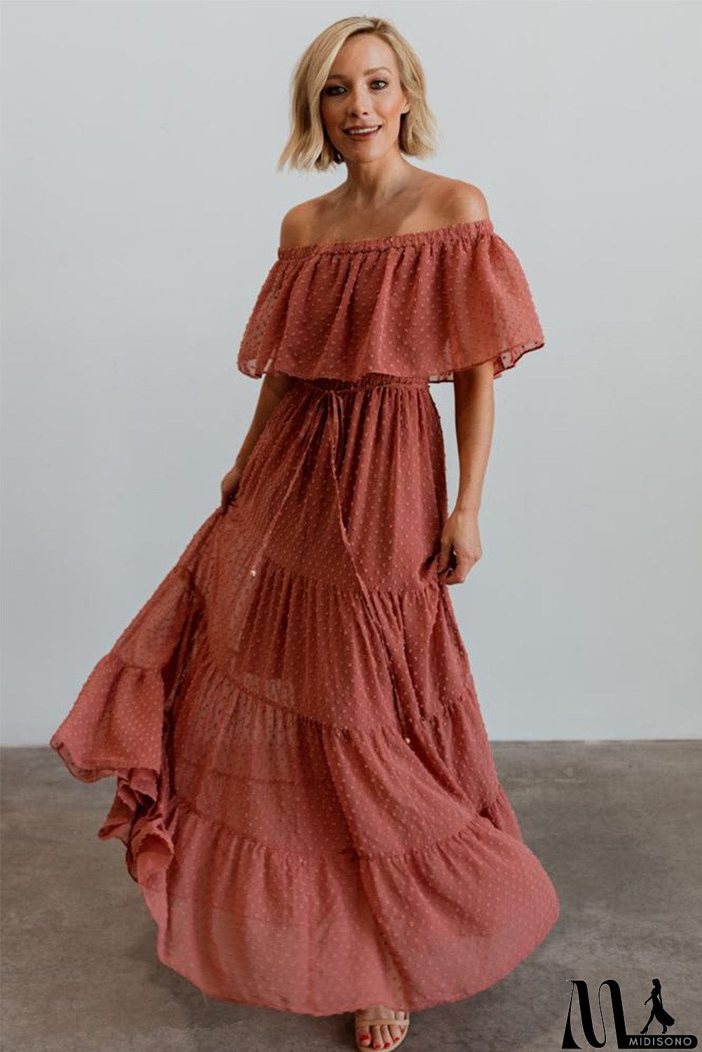 MidiSono - Rust Red Off Shoulder Ruffle Swiss Dot Maxi Dress