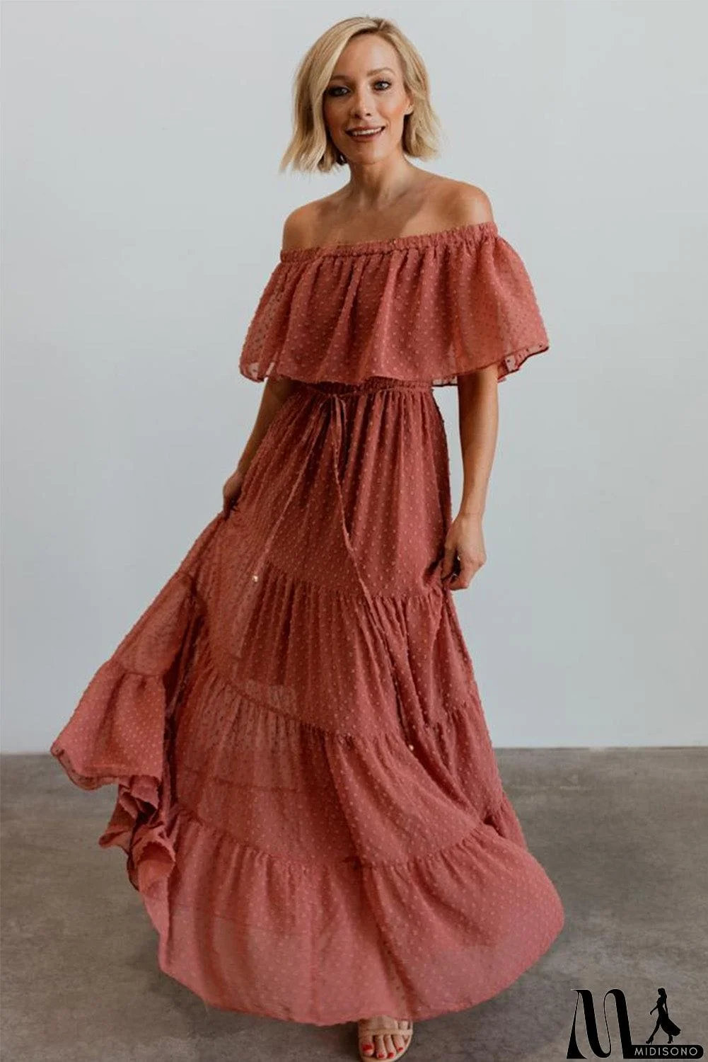 MidiSono - Rust Red Off Shoulder Ruffle Swiss Dot Maxi Dress