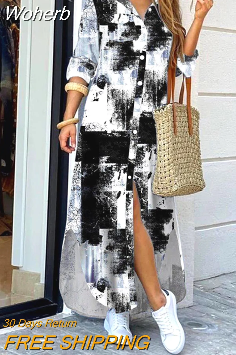 Woherb Dresses for Women S~5xl Scarf Chain Print Button Down Shirt Dress Y2k Vestidos De Mujer Casual Elegant Midi Robe Female-Outfit Ideas