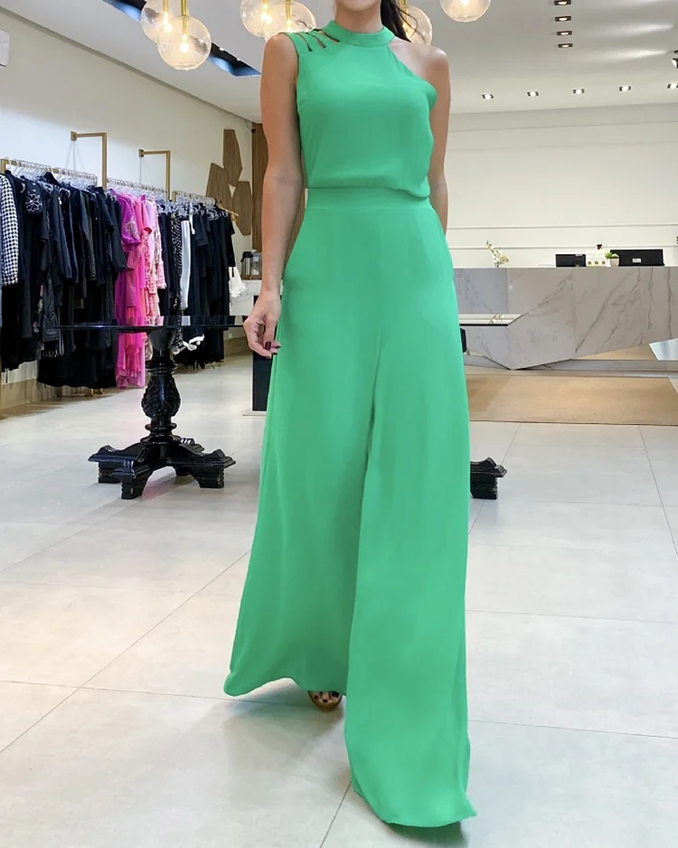 Casual Solid Color Irregular Hollow Jumpsuit