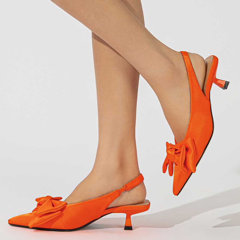 Orange Satin Closed Toe Kitten Heel Slingback Pumps with Bow Nicepairs