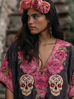 Day Of The Dead Glitter Pink Roses Sugar Skulls Embroidered Linen Shirt