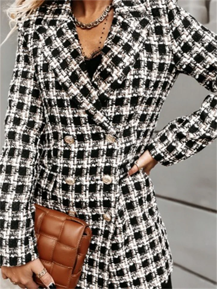 Plaid Suit Collar Double Row Button Woolen Coat