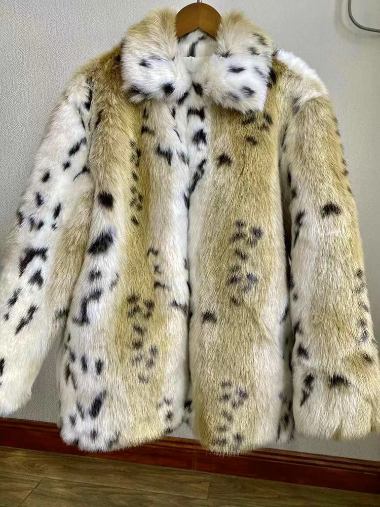 Luxury Leopard Print Lapel Long Sleeve Faux Fur Plush Coat