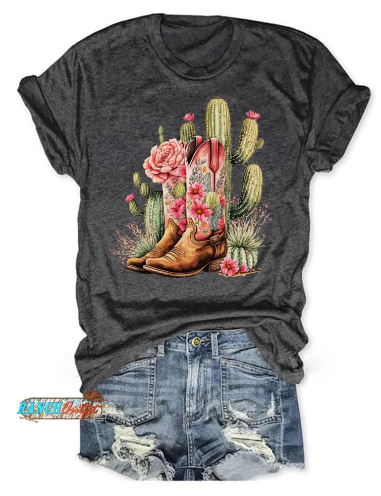 Cowgirl Boots & Cactus T-Shirt Dark Grey / S