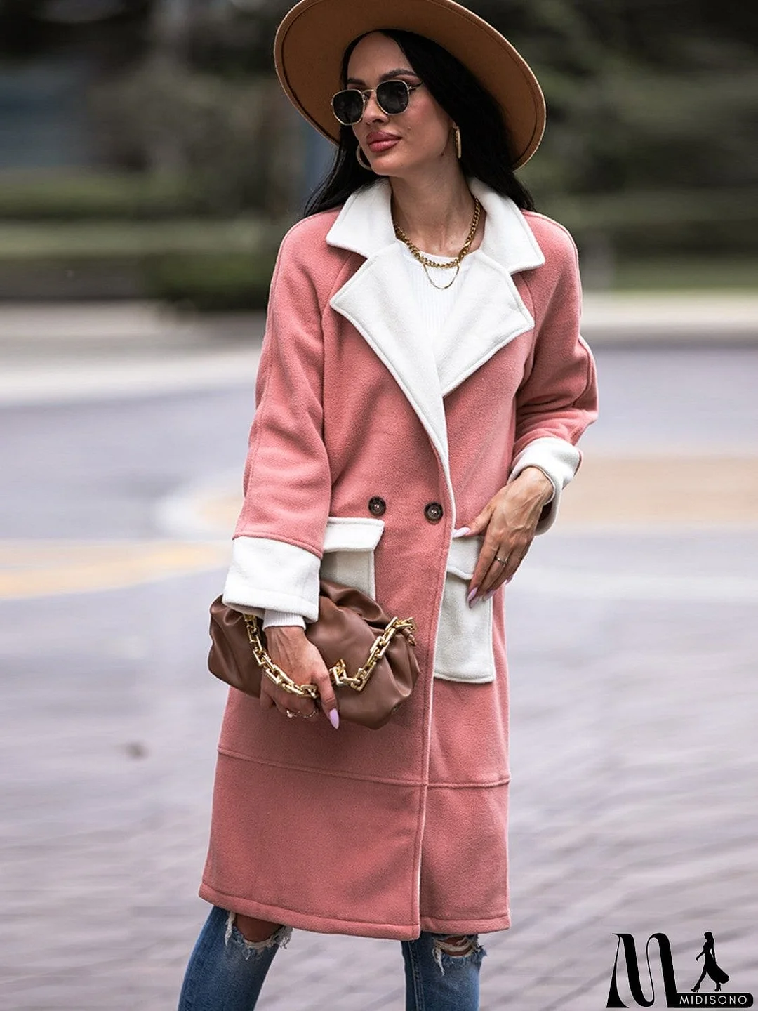 MidiSono - Contrast Lapel Collar Coat with Pockets