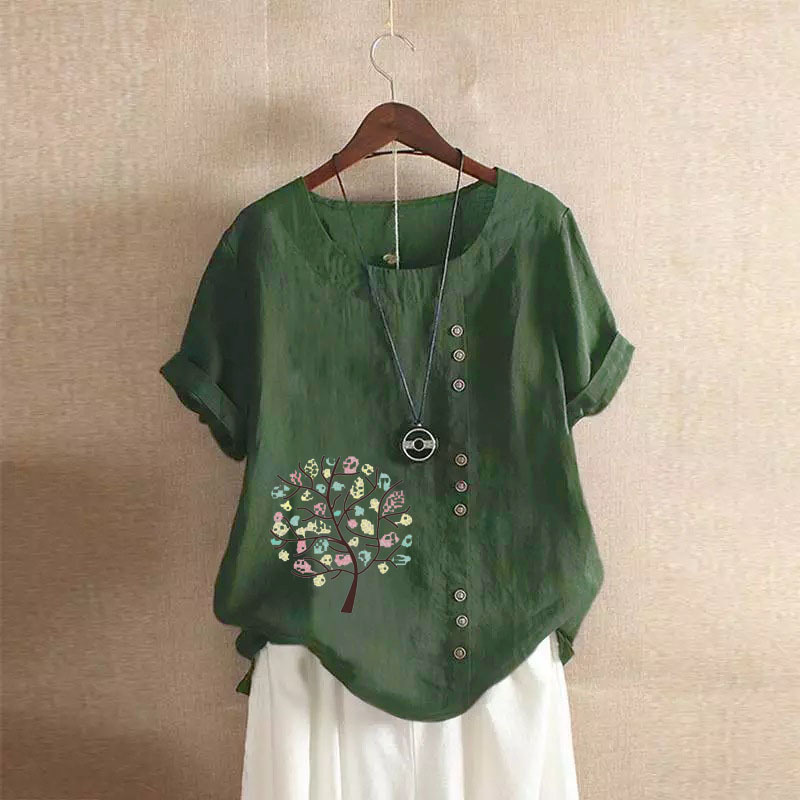 Northwnidgrp Round Neck Short Sleeved Pullover Shirt 2025 Women's Summer Retro Casual Loose Cotton Linen Pullover Large Blouses