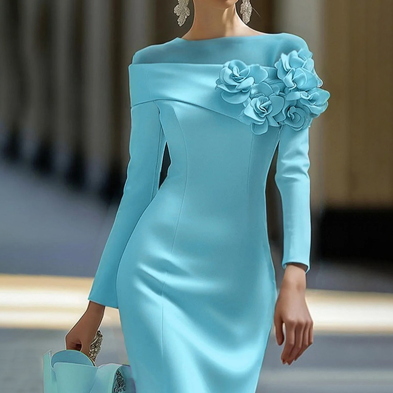 Elegant Round Neck Three Dimensional Flower Decorated Midi Dress elevenforest