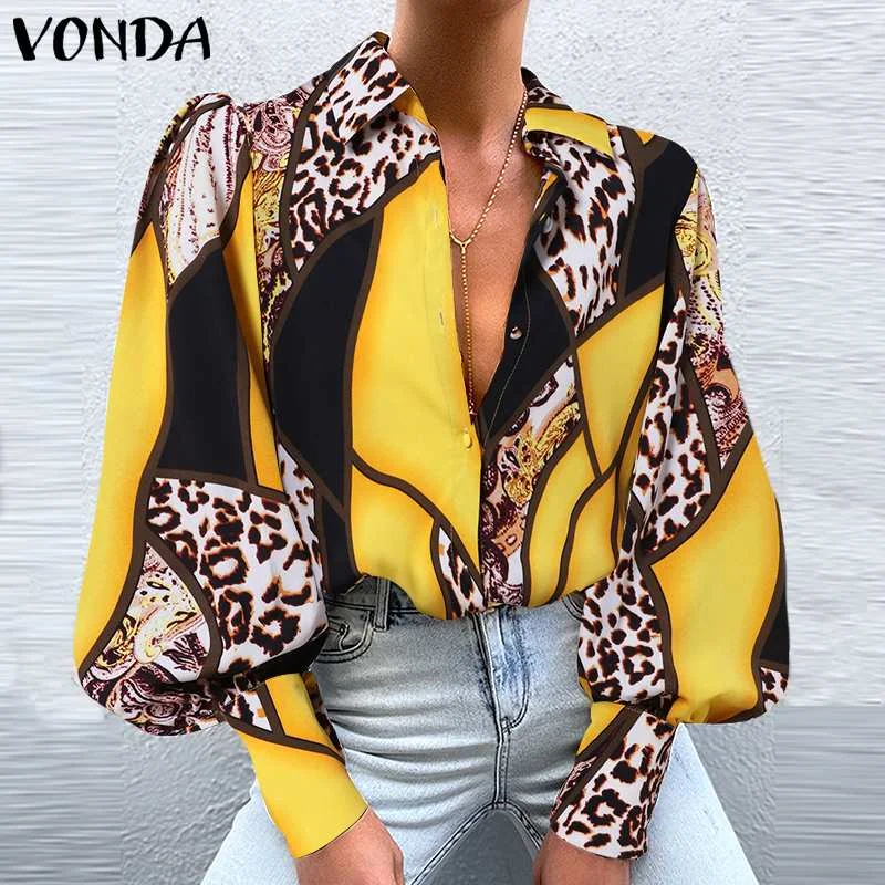 Printed Blouse Women Casual Long Sleeve Shirts 2022 VONDA Vintage Lapel Collar Casual Tops Beach Holiday Blouse Blusas Femininas