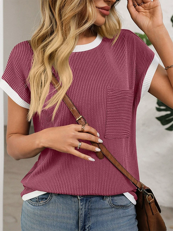 Colorful Contrast Color Pockets Loose Short Sleeves Round-neck T-Shirts Tops