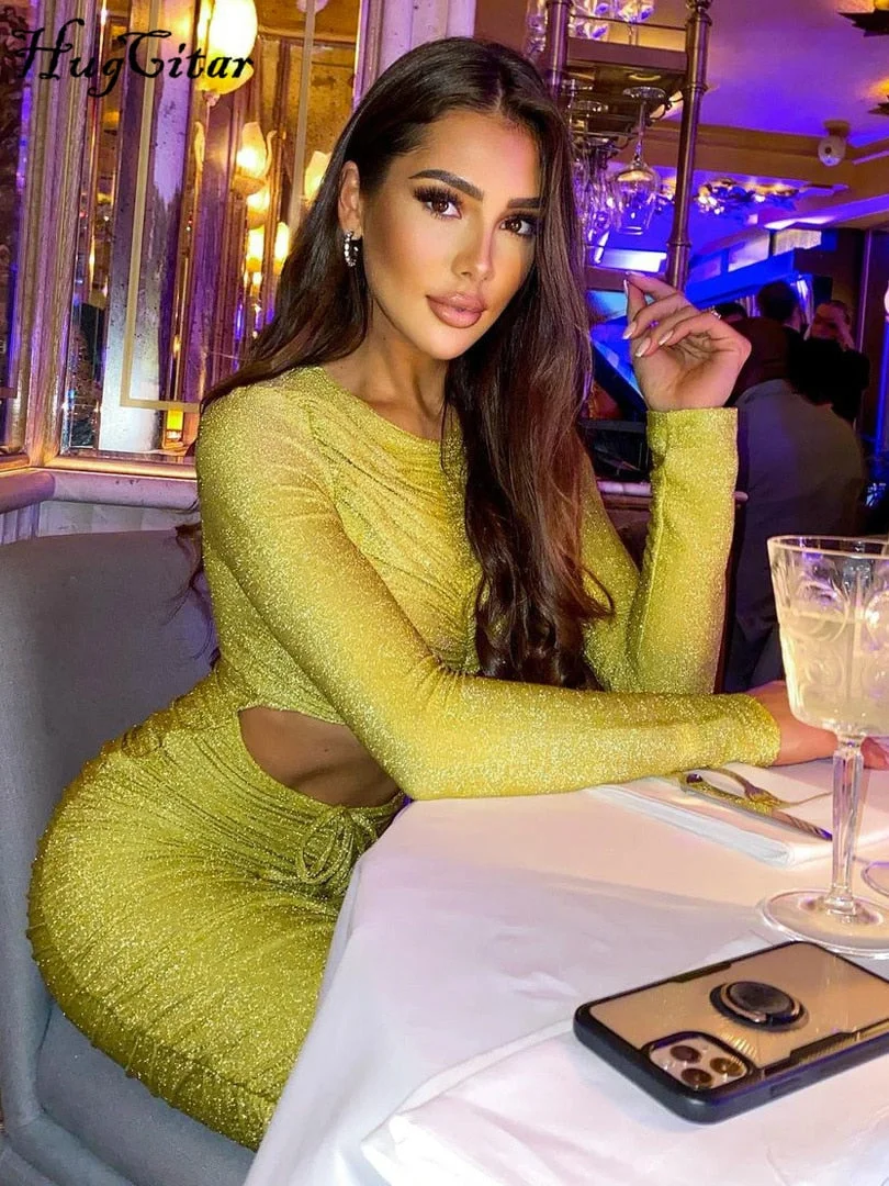 Hugcitar Shine Bling Rudhed Long Sleeves Hollow Our Strings Midi Dress 2022 Fashion Evening Party Women Elegant Streetwear Y2K