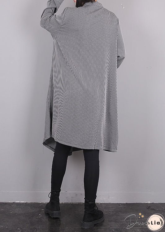 Plus Size Grey O-Neck Asymmetrical Striped Button Maxi Dress Fall