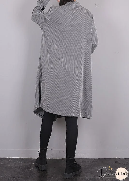 Plus Size Grey O-Neck Asymmetrical Striped Button Maxi Dress Fall