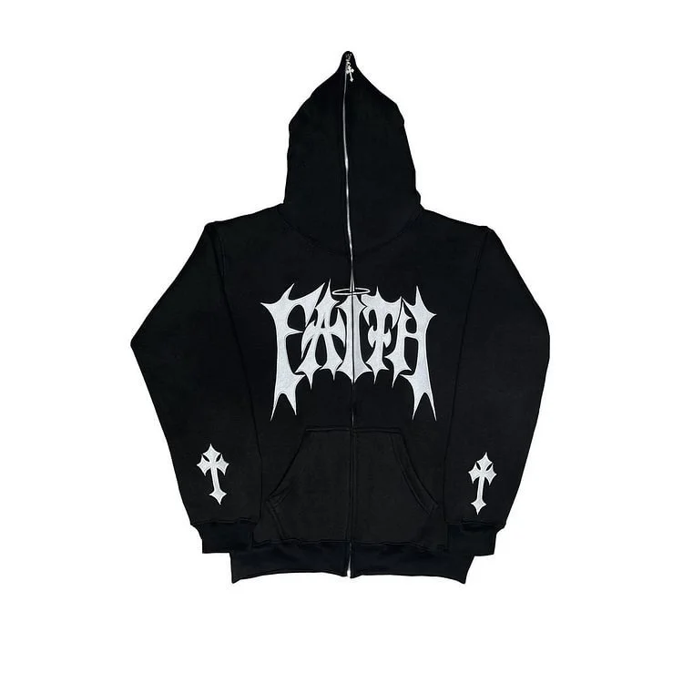 Cross Faith Letter Print Full Zip Up Hoodie at Hiphopee