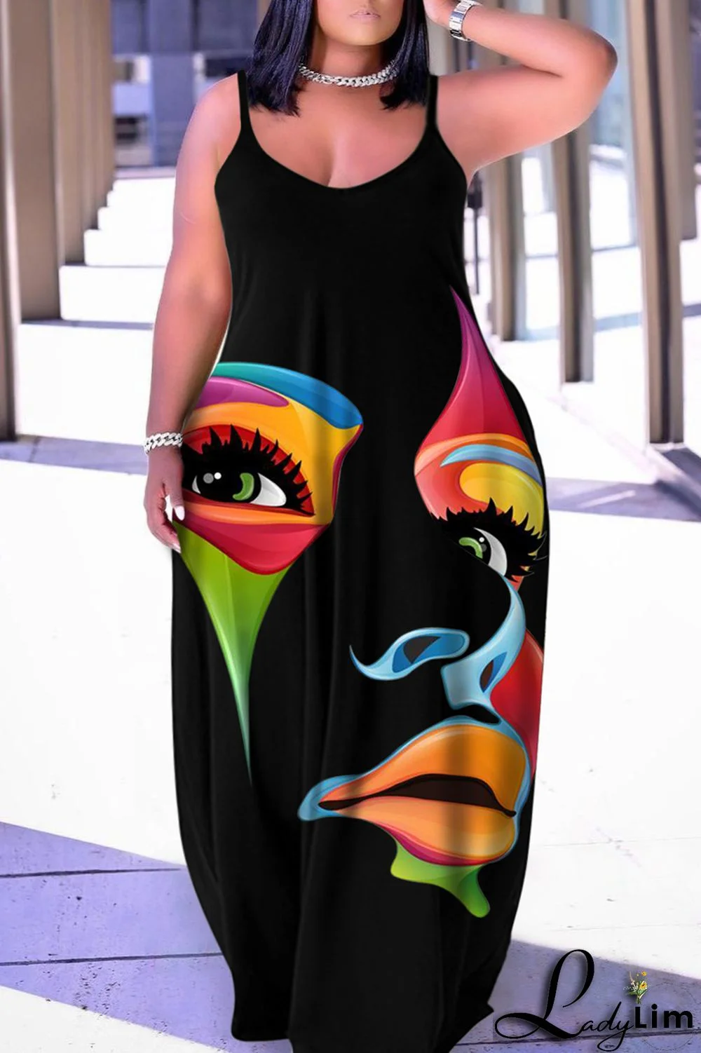 Black Red Fashion Sexy Plus Size Casual Print Backless Spaghetti Strap Long Dress