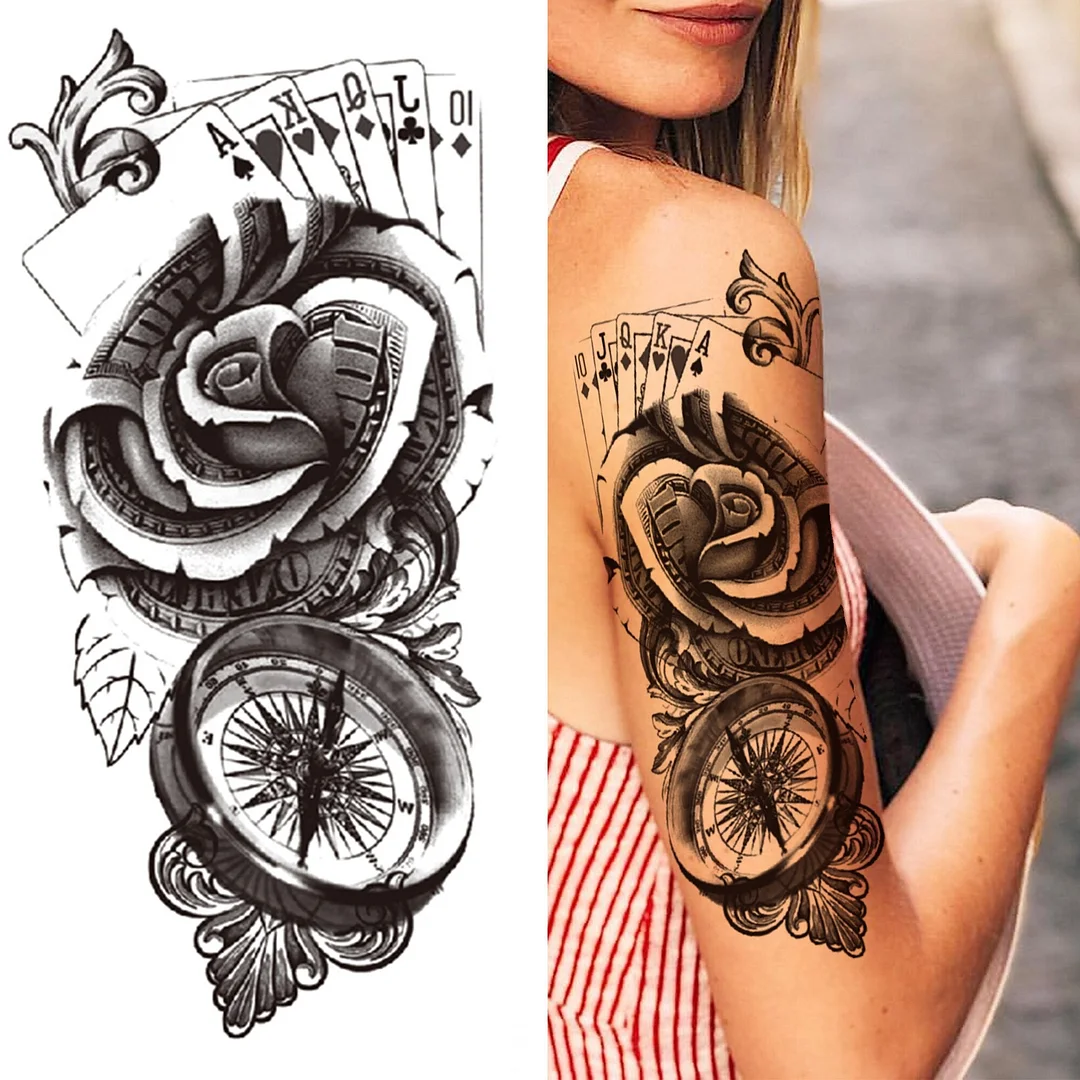 Compass Half Sleeve Temporary Tattoos For Women Men Adult Black Cross Tattoo Sticker Realistic Fake Lion Tatoo Bird Clock Flower