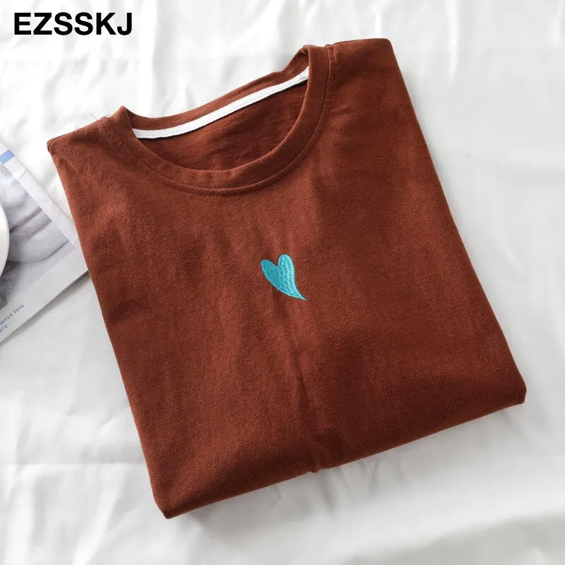 spring summer Women basic heart embroidery T-shirt Casual Loose short sleeve bottom candy color cotton T-shirt  Female Tops