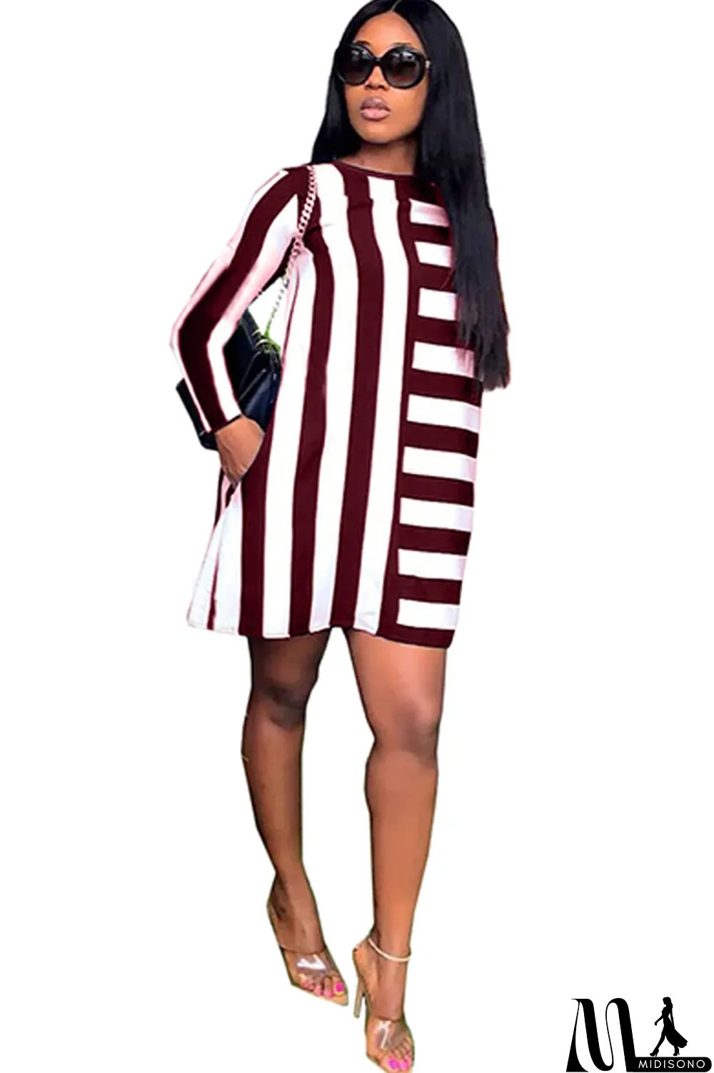 MidiSono - White Acetyl fiber Sweet Cap Sleeve Long Sleeves O neck Swagger Knee-Length Print Striped Patchwork