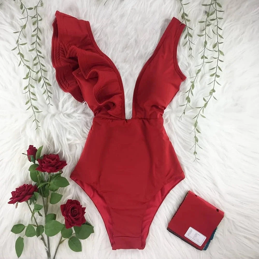 2022 New Sexy Ruffle Print Floral One Piece Swimsuit Off The Shoulder Swimwear Women Solid Deep-V Beachwear Bathing Suit Monkini
