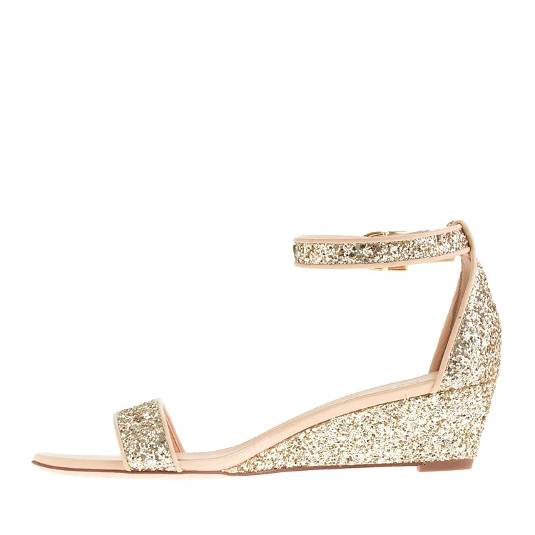 Golden Glitter Open Toe Wedge Heel Ankle Strap Sandals for Brides Vdcoo