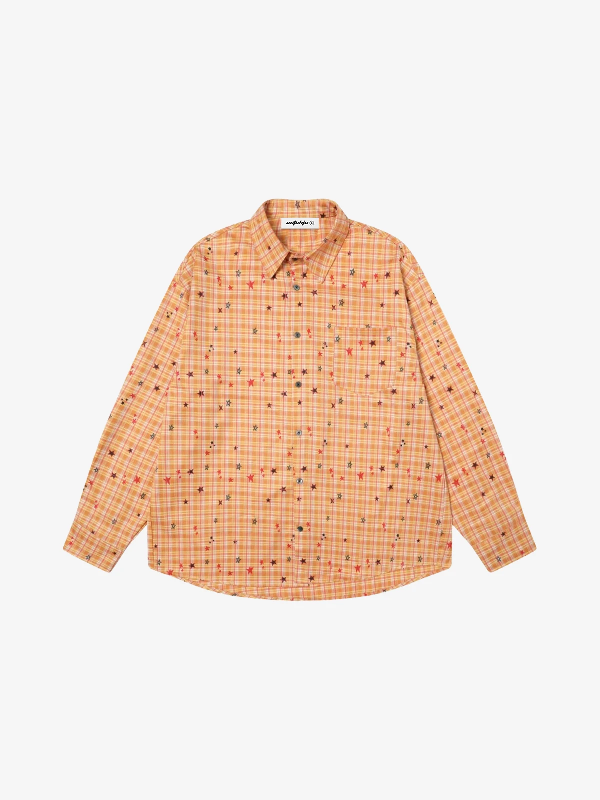 Orange Act Chic Star Print Plaid Long Sleeve Shirt Front