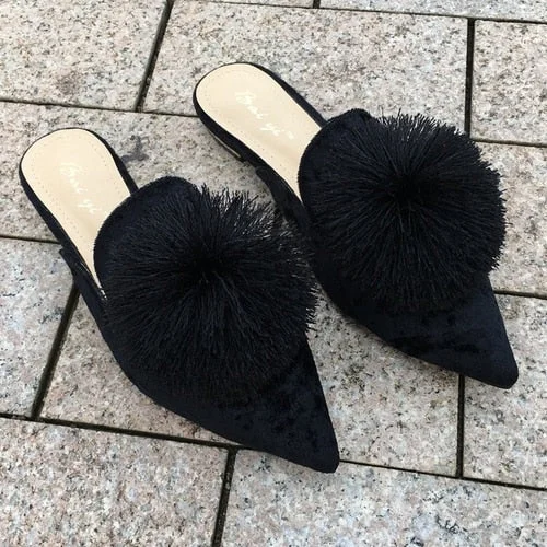 Muller Flat Pointed Slippers Furry Ball Baotou Slipper Tassel Lazy outside Holiday Slippers Women