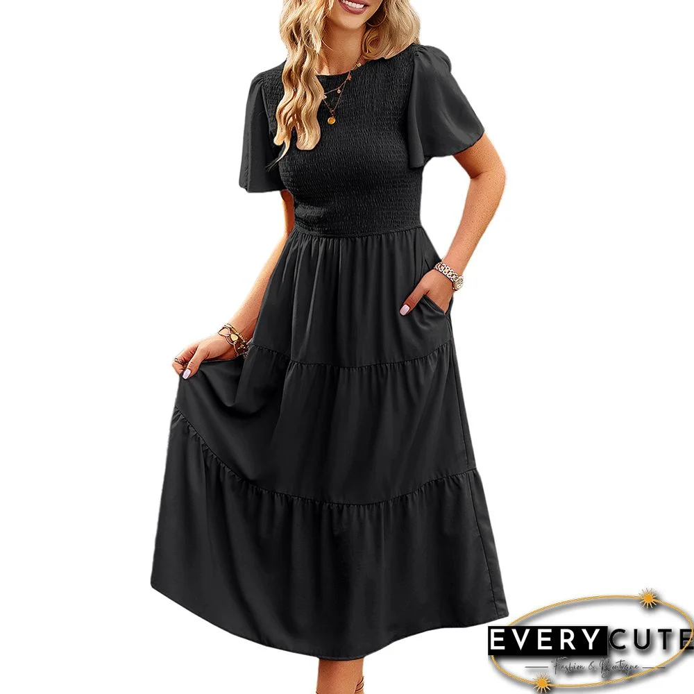 Black Solid Pleated Pocket Woven Casual Dress