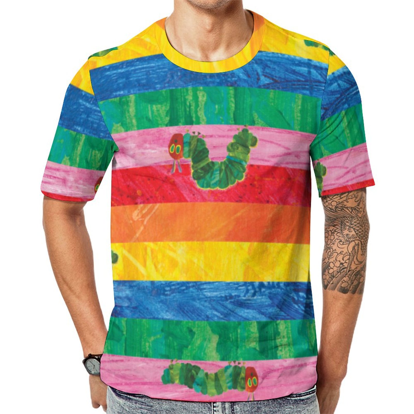 Eric Carle Caterpillar Rainbow Stripe  Short Sleeve Print Unisex Tshirt Summer Casual Tees for Men and Women Coolcoshirts