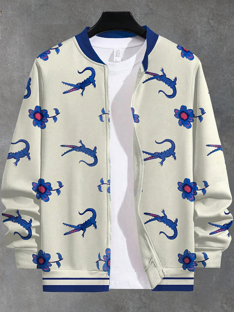 Men's Crocodile Floral Print Casual Zip Up Jacket