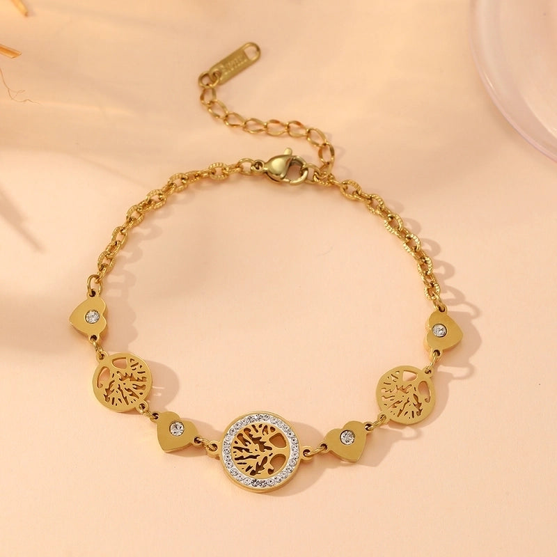 Elegant Heart Shape Titanium Steel 18K Gold Plated Beaded Chain Cable Chain Bracelets In Bulk